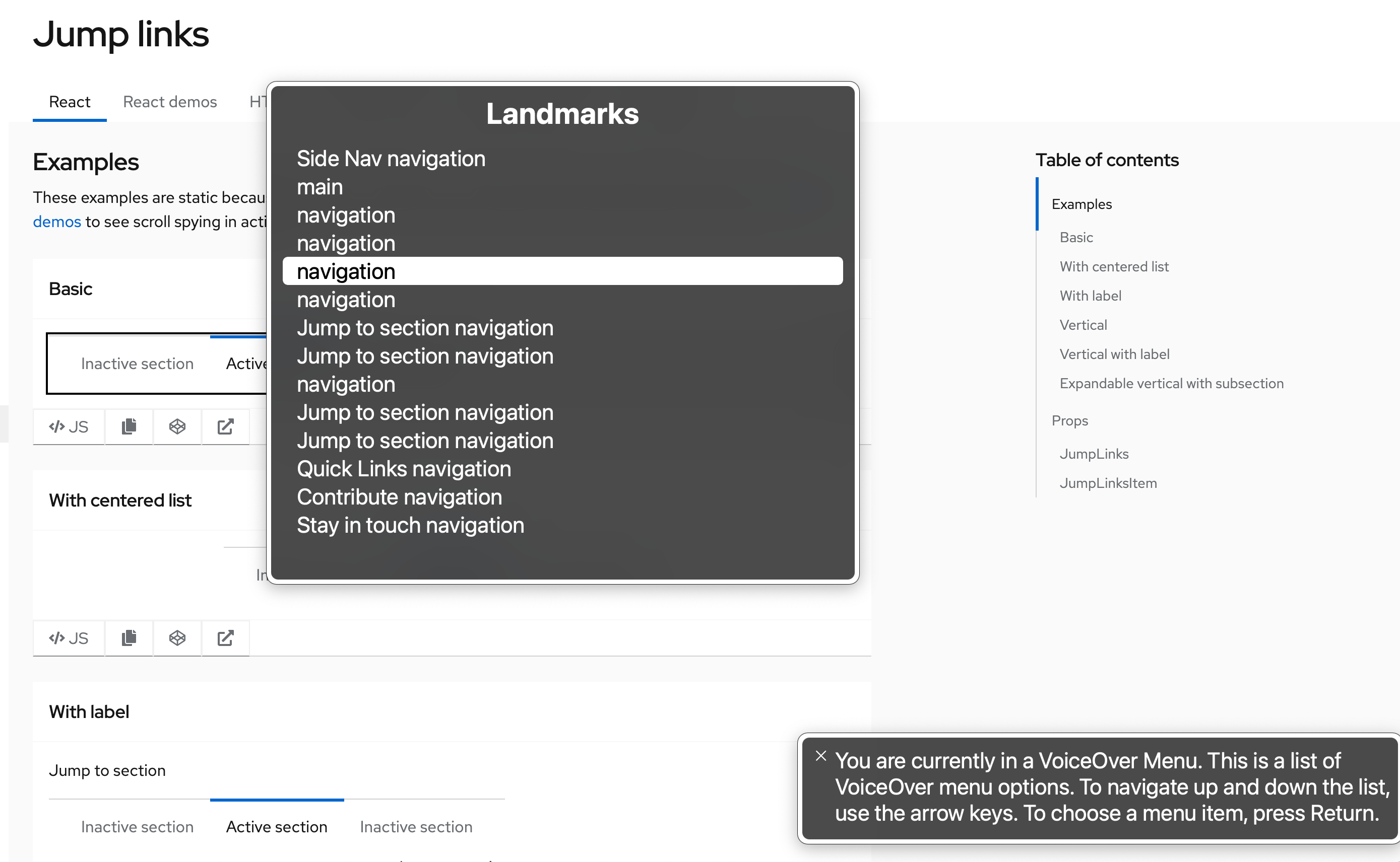 An example of a rotor menu interface which demonstrates that each navigation element is
indistinguishable from the others without aria-labels.