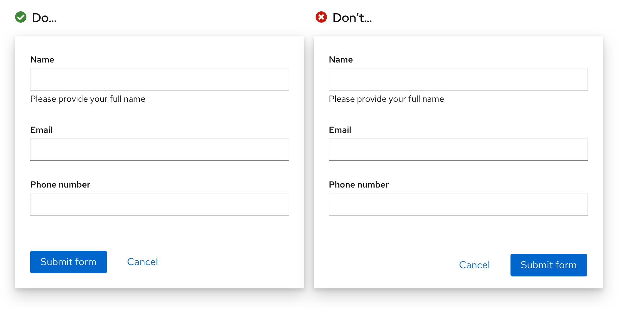 Examples of right button placement and wrong button placement